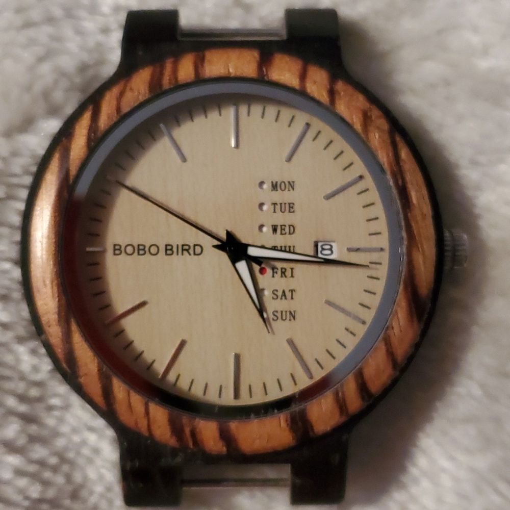 BoboBird Wooden Mens Watch With Date & Day‎ Needs Band Clasp Works New Battery